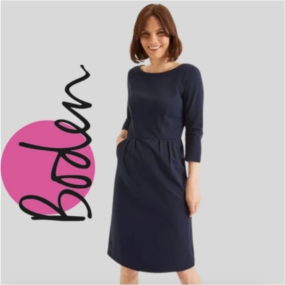 NWT Boden Sz 14L Navy Blue Penny Jersey Dress 100% Cotton Pockets Minimalist